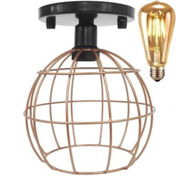 Lustre Teto Plafon + Lâmpada Led Industrial Aramado Globo Cobre Rose Gold Retrô Luminária Preto - 1 Lustre Teto Plafon + Lâmpada Led Industrial Aramado Globo Cobre Rose Gold Retrô Luminária Preto - 1