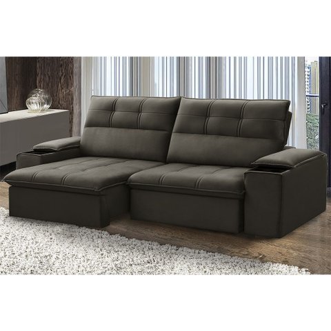 Sofá Retrátil Reclinável França 250 cm com Porta Copos e Objetos Marrom Tabaco