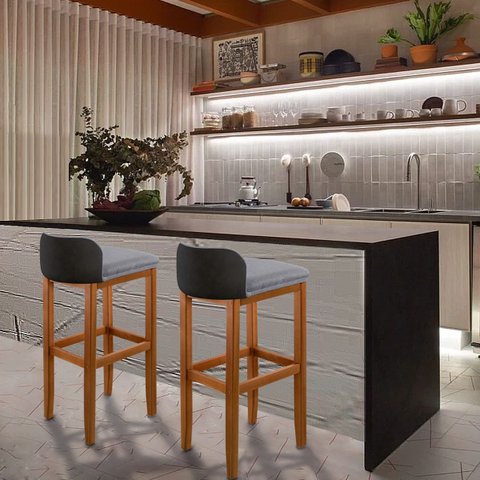 Banqueta Ônix Resistente até 120kg – Madeira Eucalipto e Tecido Linho Preto