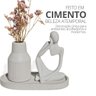 Kit 3pçs Decoração Estátua Pensadora Garrafa Tubo Listrada e Bandeja - Cinza - 3