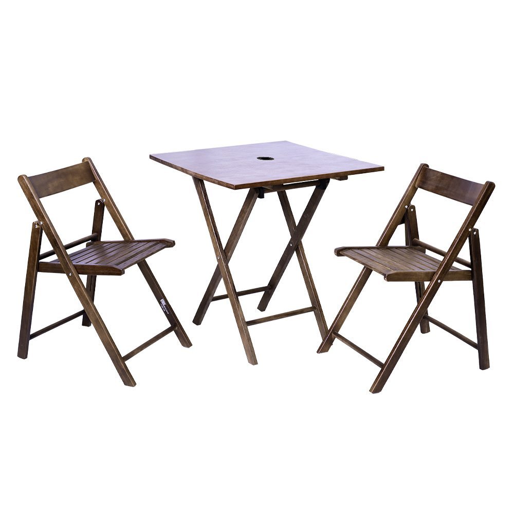 Mesa com Furo P/ombrelne + 2 Cadeiras Madeira Classic 70x70cm Dobrável Imbuia P/bar Sombra