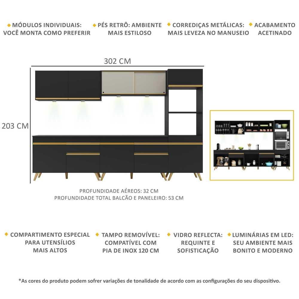 Cozinha Completa 5 peças com Leds MP2014 Veneza Up Multimóveis Preta - 4
