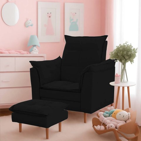 Poltrona de Amamentação e Puff Ariel Suede Preto Pés Palito Tana Decor