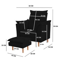 Poltrona de Amamentação e Puff Ariel Suede Preto Pés Palito Tana Decor - 4