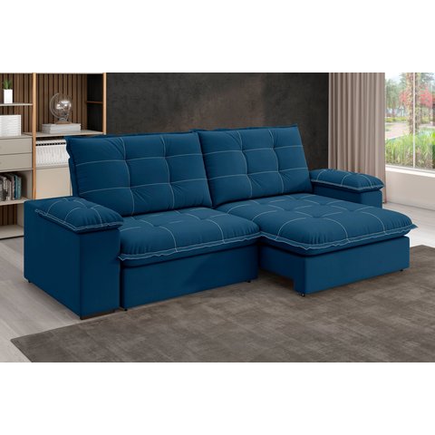 Sofá Retrátil e Reclinável Slim 250cm 4 Lugares Fofao Premium Azul Marinho