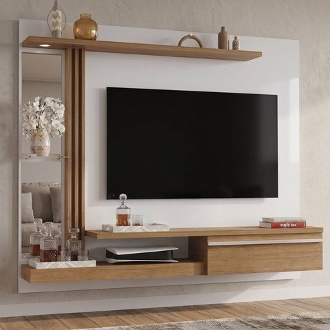 Painel para TV até 55 Polegadas com LED 160CMX136CM Prateleira de Vidro Denver Bege