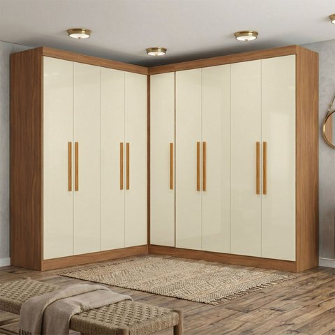 Guarda-Roupa Modulado de Canto 9 Portas e 4 Gavetas Paris Off White/Cinamomo