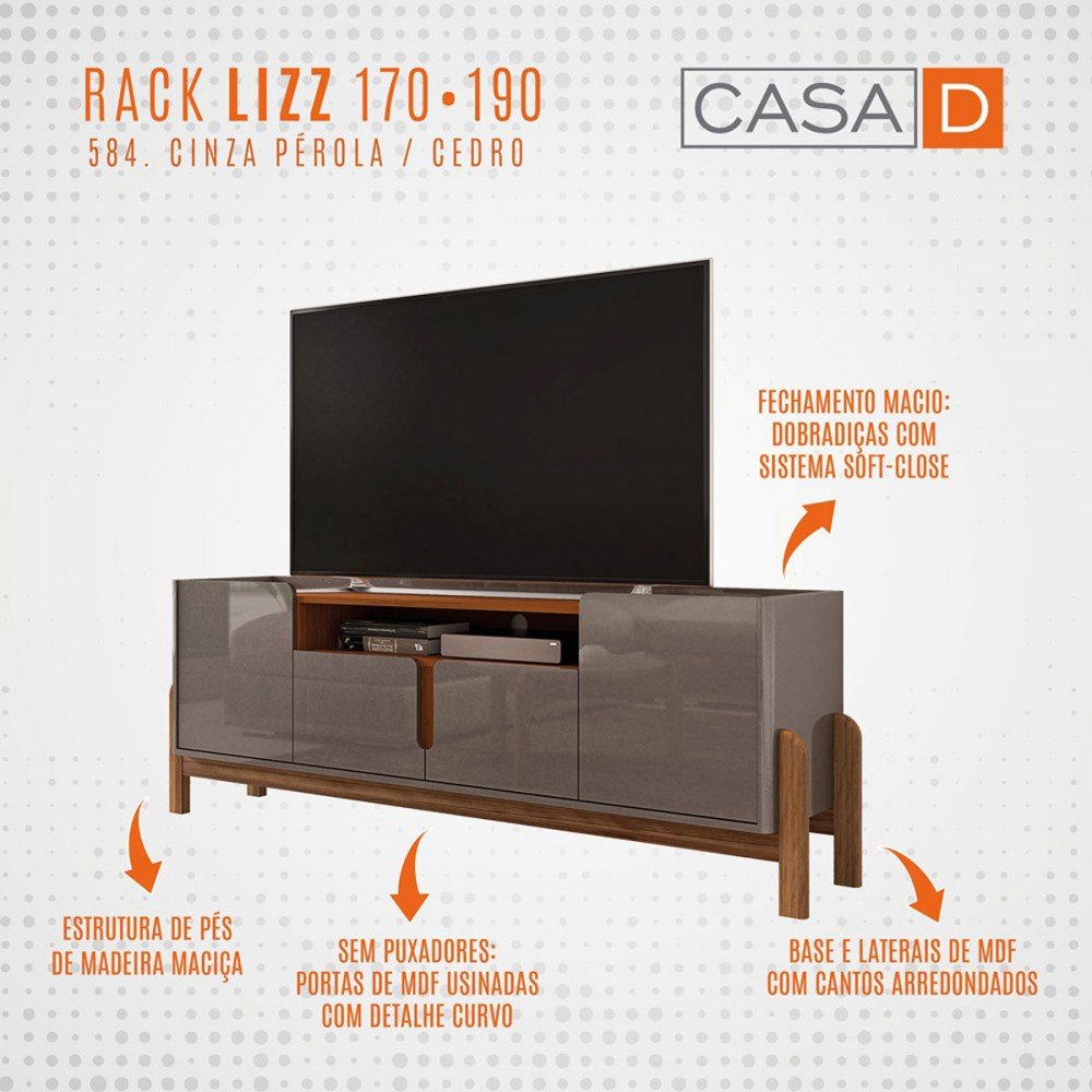 Rack para TV Até 60 Polegadas Lizz 4 Portas Cinza Perola/Cedro 011080 - Casa D - 4