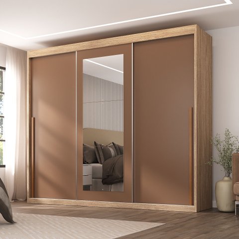 Guarda-Roupa Casal 3 Portas de Correr e 6 Gavetas Spazio Yescasa Marrom/Capuccino/Terracota