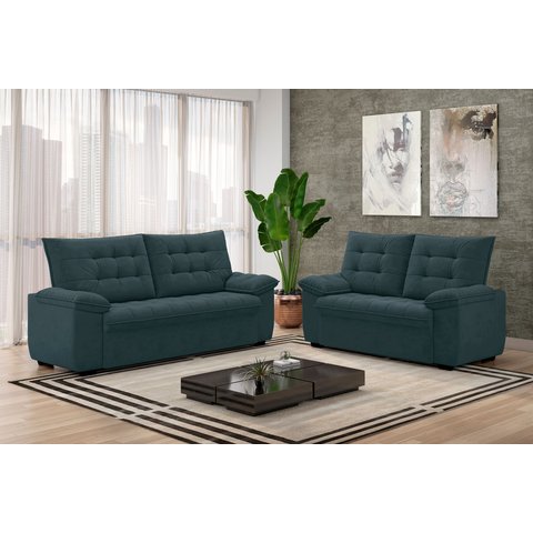Conjunto de Sofás Estofados 3 e 2 Lugares Bertioga Azul Petróleo
