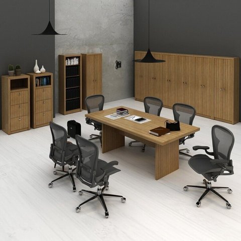 Conjunto 11 Peças com Mesa para Reunião 6 Lugares 7 Armários 2 Gaveteiros e Estante Amendoa Marrom