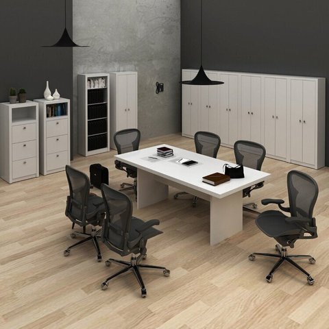 Conjunto 11 Peças com Mesa para Reunião 6 Lugares 7 Armários 2 Gaveteiros e Estante Branco