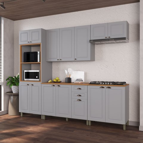 Cozinha Modulada 5 Peças 1 Torre Quente 2 Balcão com Tampo 2 Aéreos 100% MDF Bari Cinza/Titânio Fosco