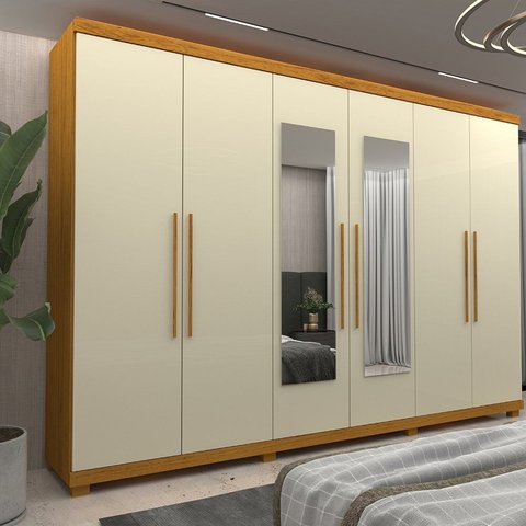Guarda-Roupa Casal 6 Portas com Espelho com Pés Absolut New 100% MDF Marrom/Marrome/Off White