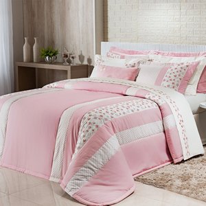 Kit Edredom Clara Super King Bordado 4Pçs 100% Algodão Rosa Chá