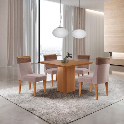 Mesa de Jantar Eloise 90cm Tampo Mdf Laminado 4 Cadeiras Moderna Linho Capuccino Tork Naturale