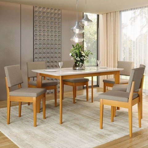 Conjunto Sala de Jantar Siera 6 Lugares Retangular Madeira Maciça Miami Natural/Cerejeira/Camurça