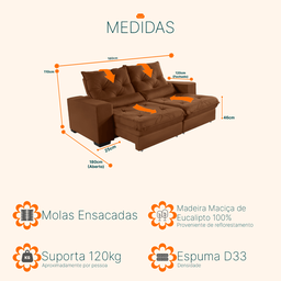 Sofá Retrátil e Reclinável 1,80m Molas Ensacadas Suede Isis Castor Sofá Casa - 4