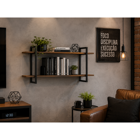 Nicho Livreiro Industrial Aço 80cm Multiuso Marrom Nogal/Preto