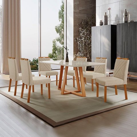 Conjunto Sala de Jantar Mesa Florença Madeira Maciça 160x90cm Tampo Retângular Vidro Off White com 6