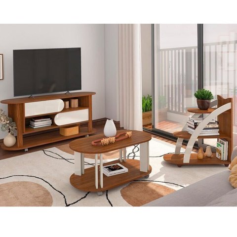 Kit para Sala de Estar com Rack e Mesa de Centro e Mesa de Apoio Mundi Marrom 100% MDF