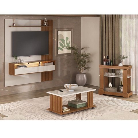 Kit 3 Peças, Painel Ripado para TV até 65 Polegadas 100% MDF, Bar e Mesa de Centro Matisse Marrom