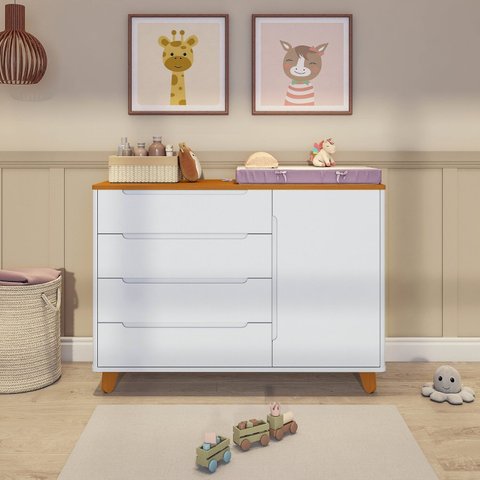 Cômoda 4 Gavetas 1 Porta com Tampo em Madeira Maciça Baby Tubbi Casatema MadeiraOriginals Branco/Caramelo