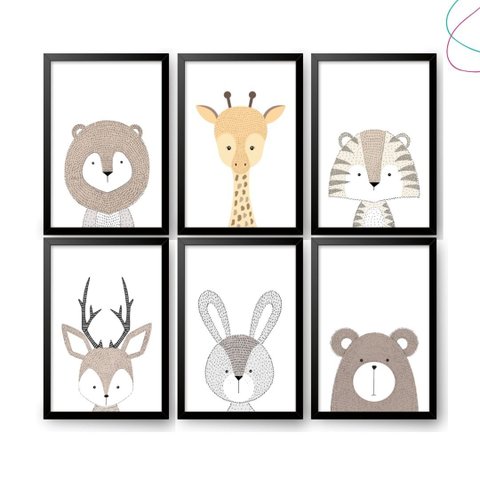 6 Quadros Decorativos Moldura e Vidro Animais Escandinavos:preta