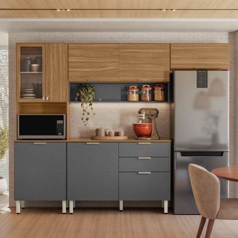 Cozinha Compacta Modulada com Balcão 3 Gavetas Alba Cinza/Amendola/Grafito
