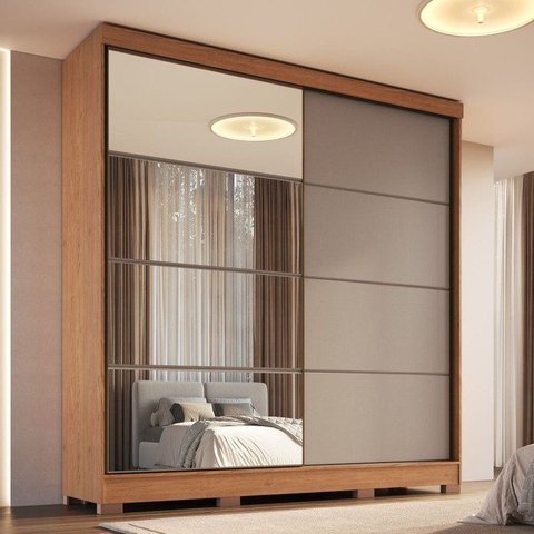 Guarda-Roupa 2 Portas de Correr 4 Gavetas com Espelho Pontal 100% MDF Marrom/Cedro/Duna