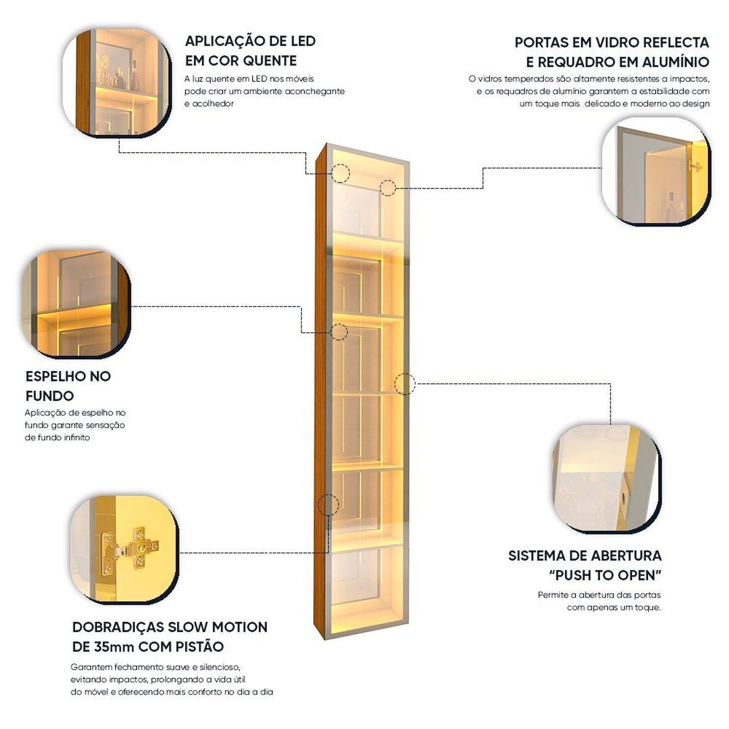 Cristaleira 1 Porta Reflecta com Fita Led com Espelho Luminare 100% Mdf - 4