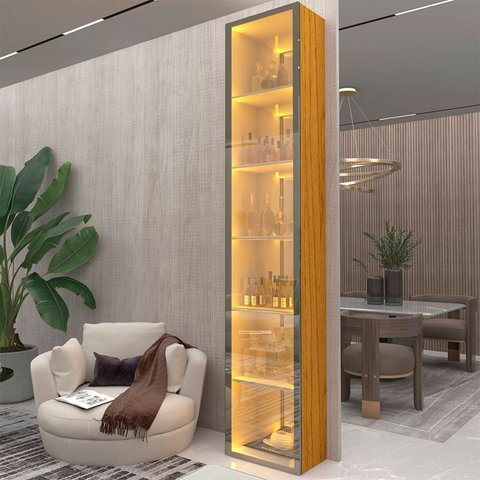Cristaleira 1 Porta Reflecta com Fita LED com Espelho Luminare 100% MDF Marrom/Marrome