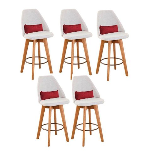 Kit 05 Banquetas Linho Bege E Almofada Sintético Vermelho