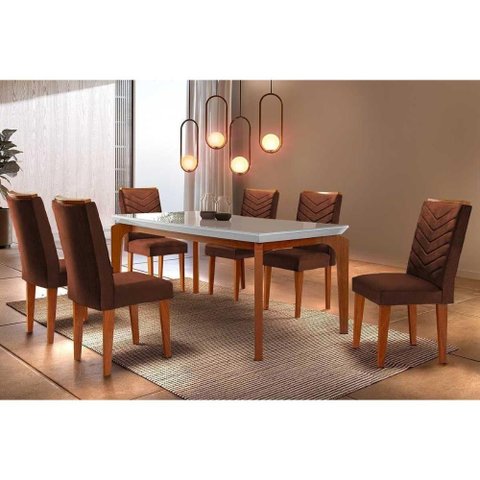 Sala de Jantar Completa Londrina Tampo Madeirado C- Vidro Curvo 180x90 e 6 Cadeiras Londrina Imbuia-