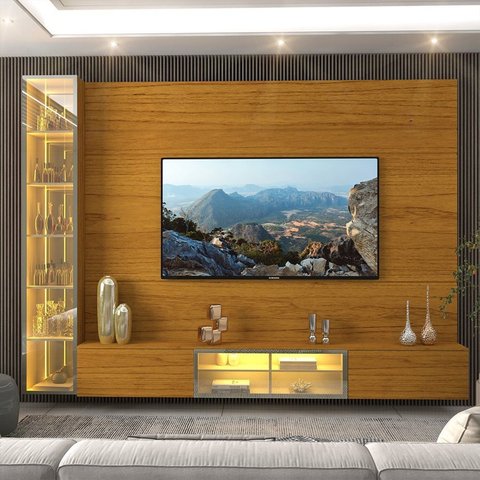 Estante para TV e Home Theater até 90 Polegadas 100% MDF com LED com Vidro Reflecta 255,2CMX217,6cm Luminare Yescasa Marrom