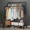 Ver imagem 2 de Arara Dupla para Roupas com Sapateira Prateleiras Cabideiro Portátil Organizador Metálico Luxo Preto