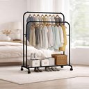 Ver imagem 7 de Arara Dupla para Roupas com Sapateira Prateleiras Cabideiro Portátil Organizador Metálico Luxo Preto