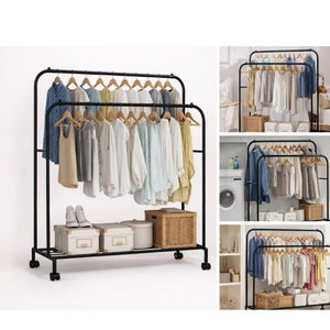 Arara Dupla para Roupas com Sapateira Prateleiras Cabideiro Portátil Organizador Metálico Luxo Preto