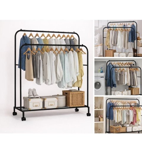 Arara Dupla para Roupas com Sapateira Prateleiras Cabideiro Portátil Organizador Metálico Luxo Preto