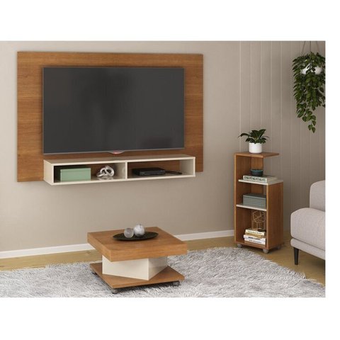 Conjunto Sala de Estar Painel e Mesa de Centro e Mesa de Apoio Flash Marrom