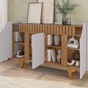Ver imagem 3 de Aparador Buffet 4 Portas MDF Ripado Real Pés de Madeira Maciça Tâmisa Cinza/Off-White/Cinamomo