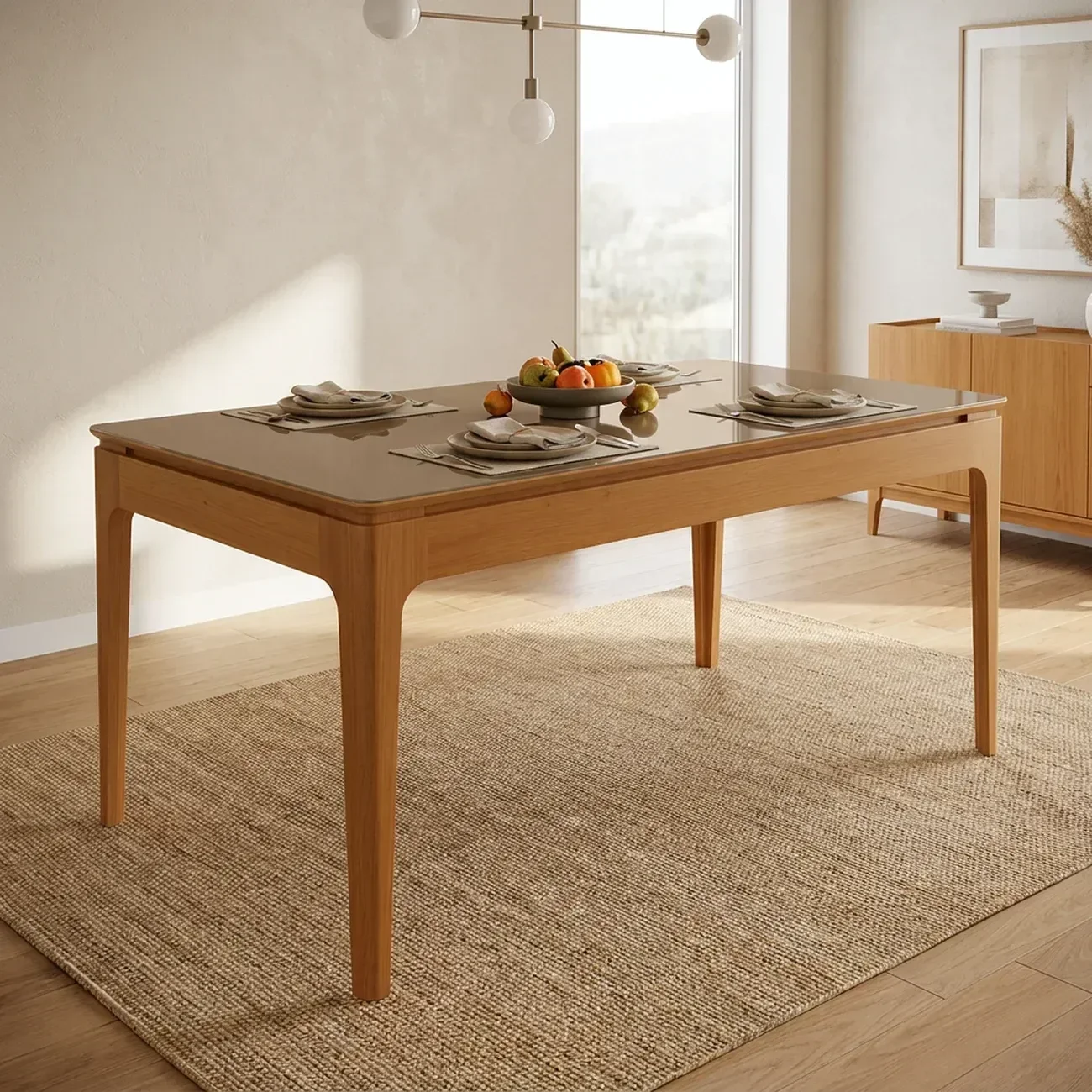 Mesa de Jantar Madeira Maciça 6 Lugares com Tampo MDF e Vidro Petra Premium 160x90cm Freijó/Bronze
