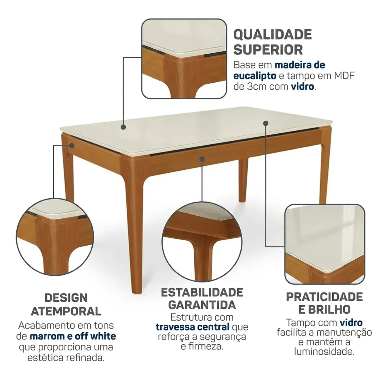 Ver imagem 4 de Mesa de Jantar Madeira Maciça 6 Lugares com Tampo MDF e Vidro Mira 160x90cm Off White/Marrom