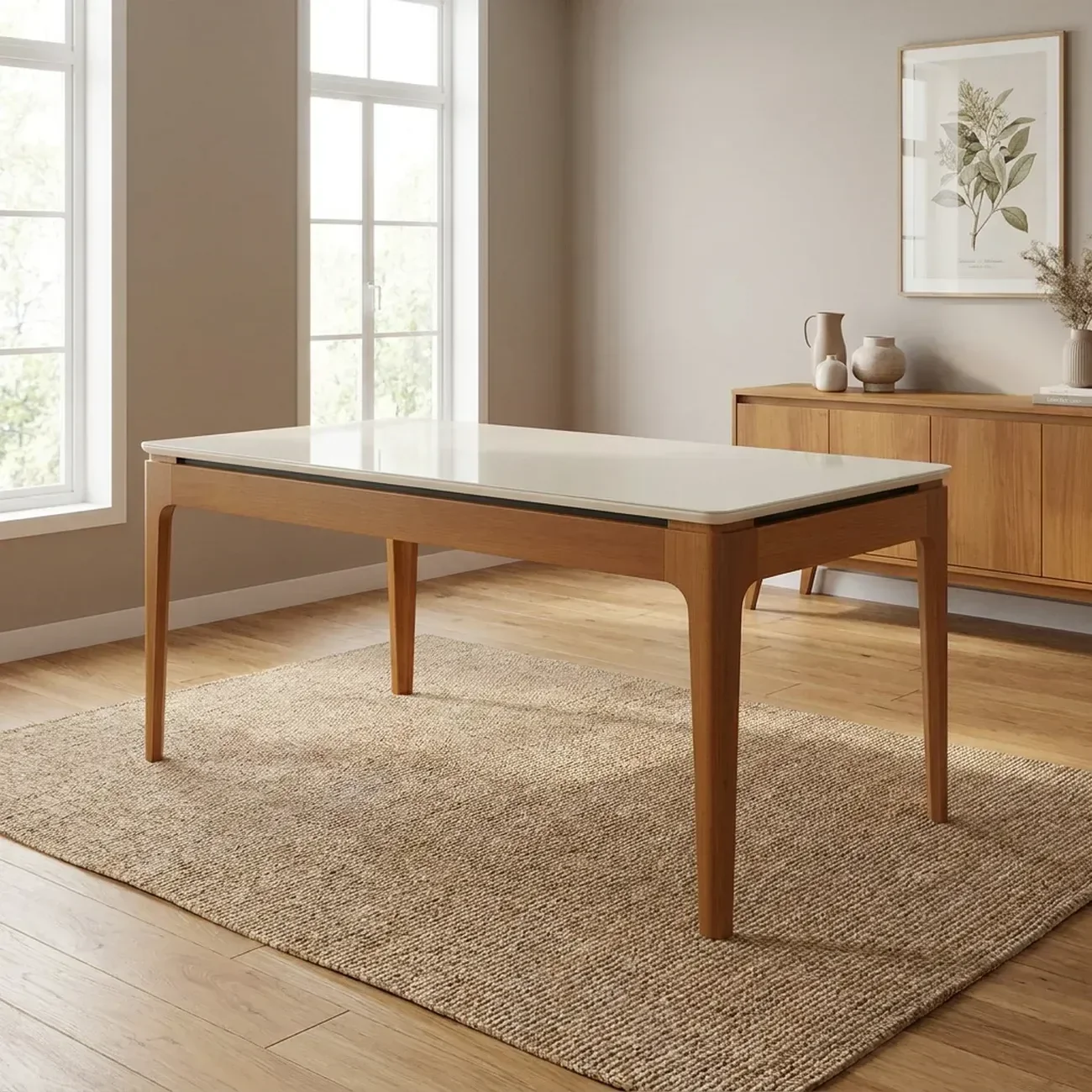Mesa de Jantar Madeira Maciça 6 Lugares com Tampo MDF e Vidro Mira 160x90cm Off White/Marrom