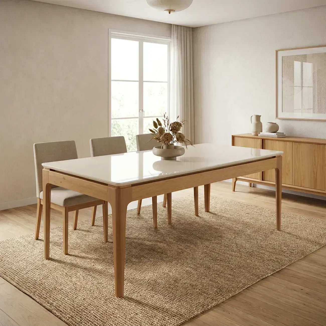 Ver imagem 1 de Mesa de Jantar Madeira Maciça 6 Lugares com Tampo MDF e Vidro Mira 200x100cm Off White/Marrom