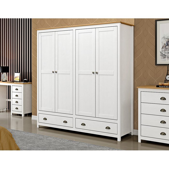 Guarda Roupa Casal 4 Portas Madeira Maciça 9105 Topazio Branco Carvalho FNT - 10