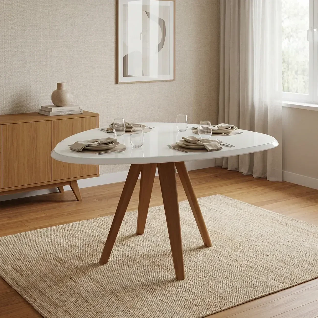 Mesa de Jantar Orgânica em Madeira Maciça com Tampo MDF e Vidro Duna 135x105cm Off White