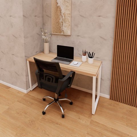 Escrivaninha X Escritório Home Office 135cm Industrial Pés em Metal Executive Macadâmia e Branco