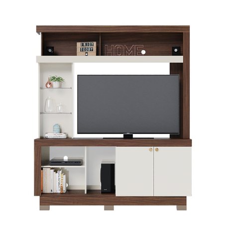 Estante Faro para TV 50 Polegadas com Prateleiras de Vidro e Nicho Nogueira Real/ Off White - Bela M