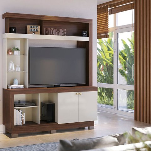 Estante Faro para TV 50 Polegadas com Prateleiras de Vidro e Nicho Nogueira Real/ Off White - Bela M